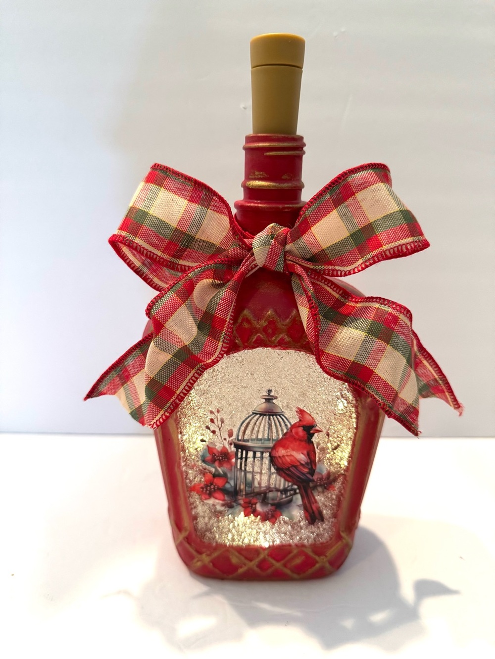 OOAK Red Lighted Timer Cardinal Christmas Bottle Holiday Decor
